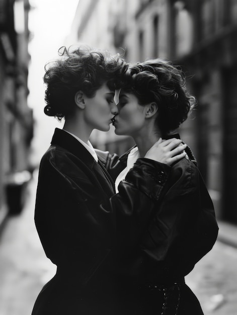 Black and white kissing portrait of couple