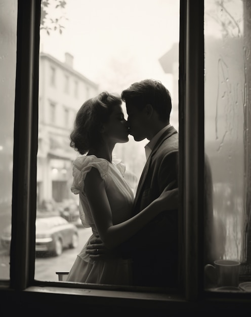 Black and white kissing portrait of couple