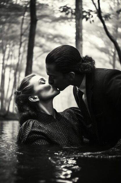 Black and white kissing portrait of couple