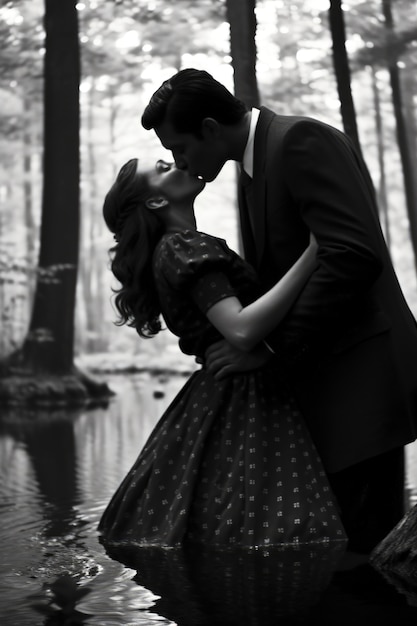 Black and white kissing portrait of couple