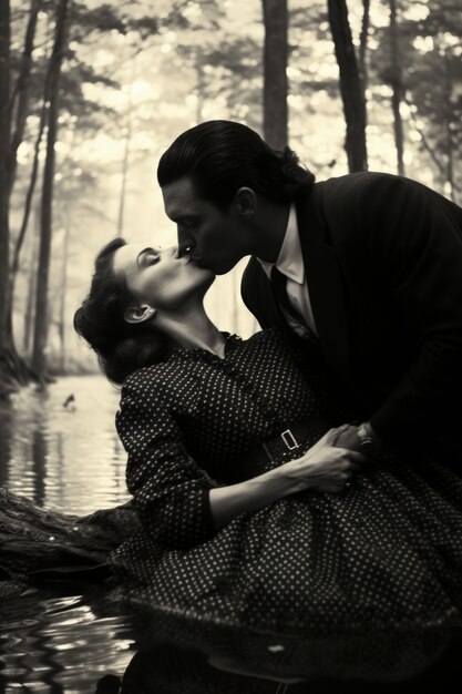 Black and white kissing portrait of couple