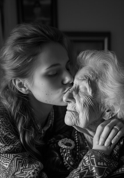 Black and white kissing portrait