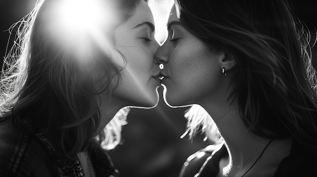 Black and white kissing portrait