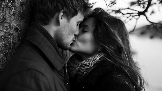 Black and white kissing portrait