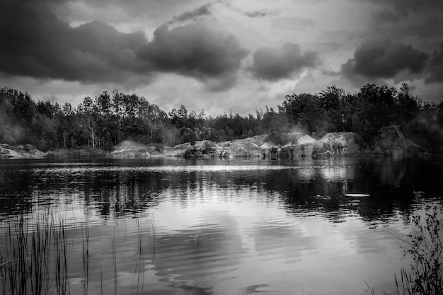 Black and white landscape with lake