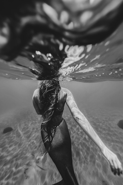 Black and white mermaid in water