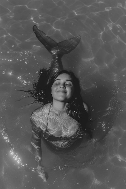 Free photo black and white mermaid in water