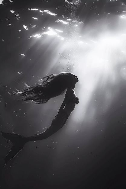 Free Photo black and white mermaid in water