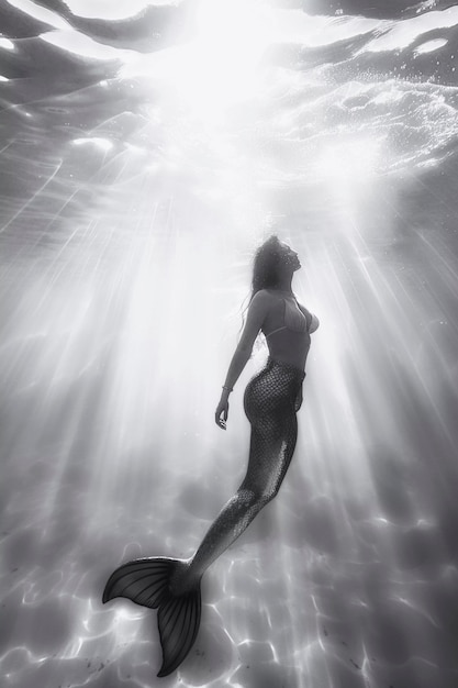 Black and white mermaid in water