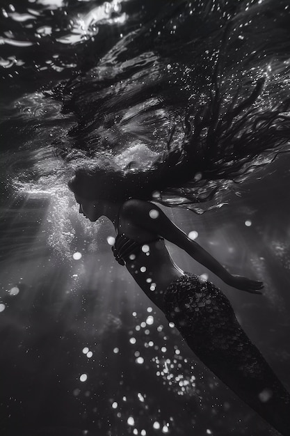 Free Photo black and white mermaid in water