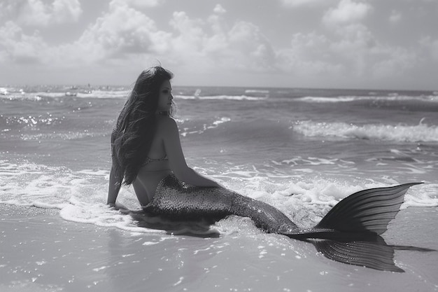 Free Photo black and white mermaid in water