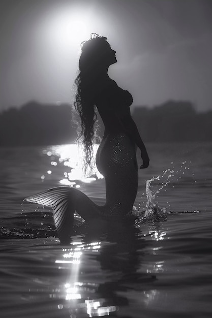 Free photo black and white mermaid in water