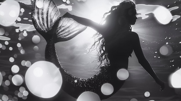 Free photo black and white mermaid in water