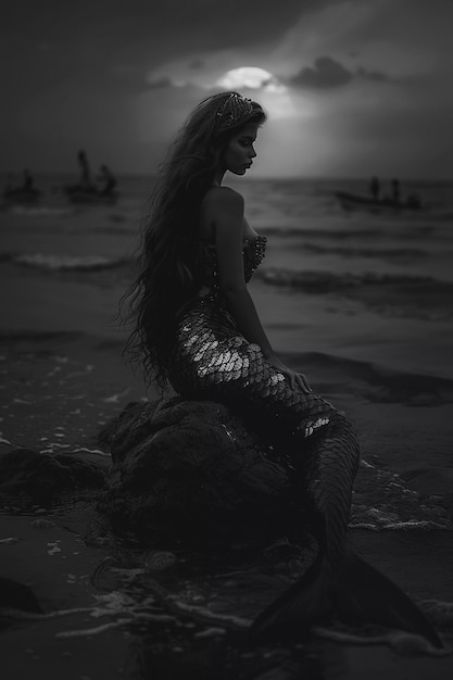 Free Photo black and white mermaid in water