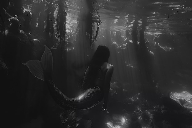 Free photo black and white mermaid in water