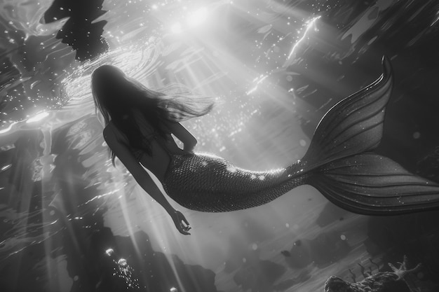 Free photo black and white mermaid in water