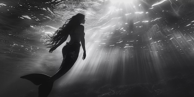 Free photo black and white mermaid in water