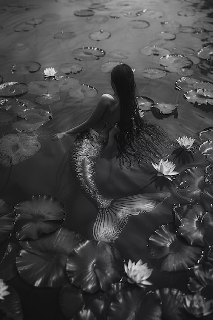 Free photo black and white mermaid in water