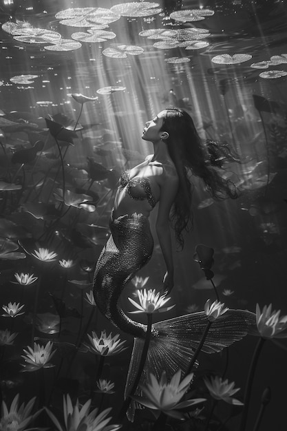 Free photo black and white mermaid in water