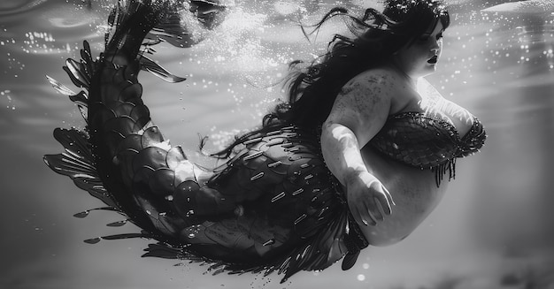 Free photo black and white mermaid in water