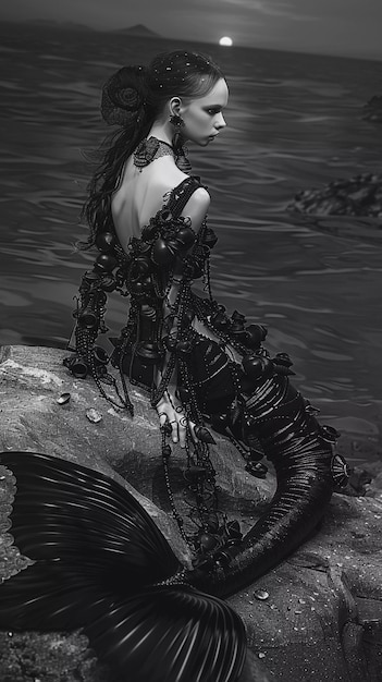 Free Photo black and white mermaid in water