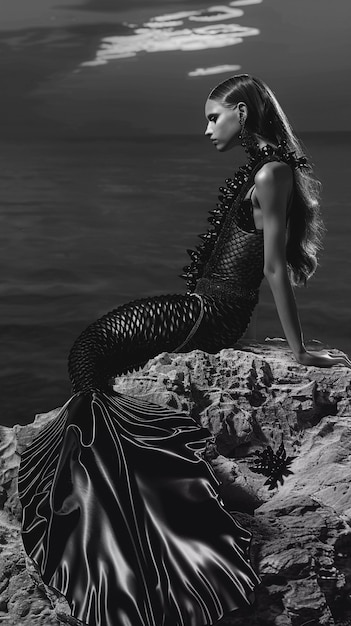 Free Photo black and white mermaid in water