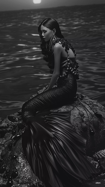 Free photo black and white mermaid in water