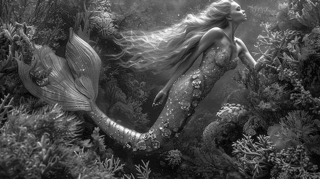 Free Photo black and white mermaid in water