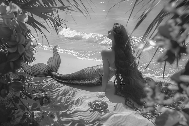 Free Photo black and white mermaid in water