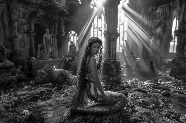 Free photo black and white mermaid in water