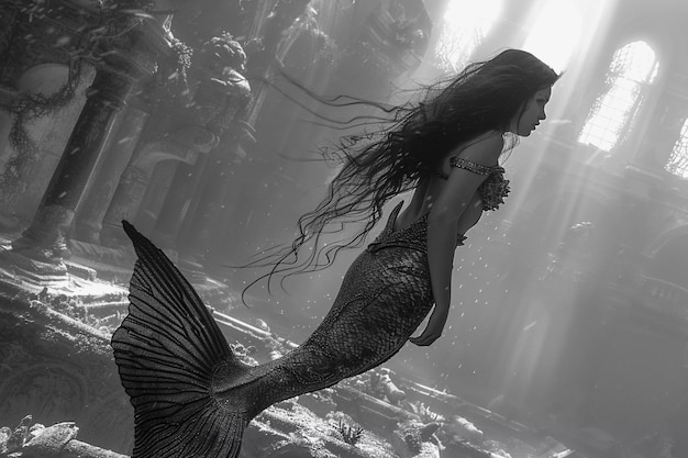 Free Photo black and white mermaid in water