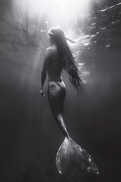 Free Photo black and white mermaid in water