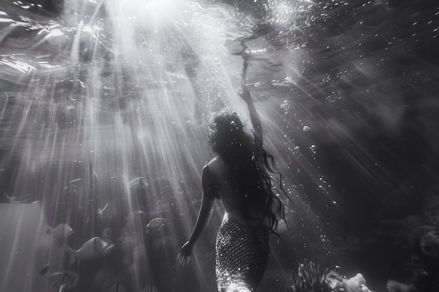 Free Photo black and white mermaid in water