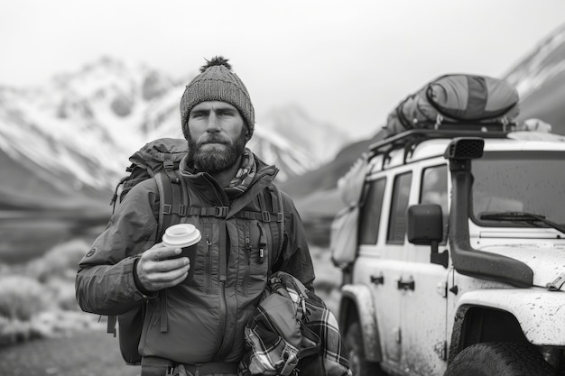 Black and white people with off-road car driving for adventure