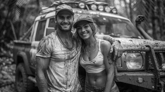 Black and white people with off-road car driving for adventure