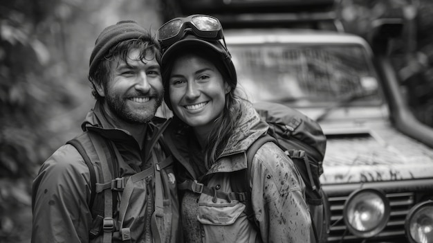 Black and white people with off-road car driving for adventure