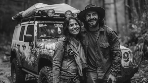 Black and white people with off-road car driving for adventure