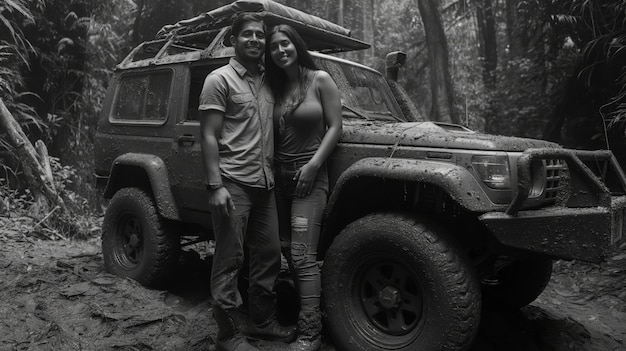 Black and white people with off-road car driving for adventure