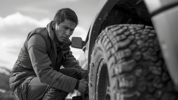 Free photo black and white people with off-road car driving for adventure