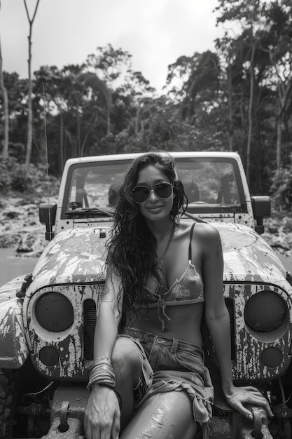 Black and white people with off-road car driving for adventure