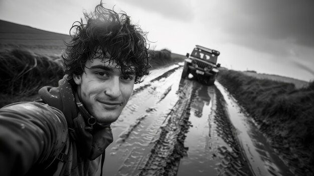 Black and white people with off-road car driving for adventure