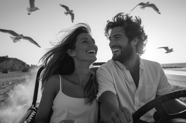 Black and white people with off-road car driving for adventure