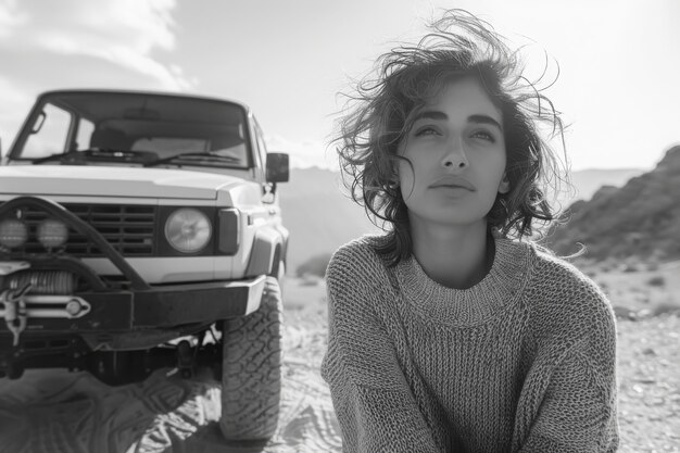 Black and white people with off-road car driving for adventure