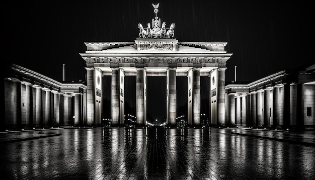 Free Photo a black and white photo of a brandenburg gate at night