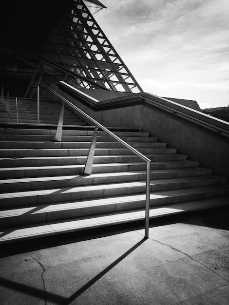 Black and white photo of metallic railing