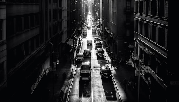 Free photo a black and white photo of a street with cars driving down it.