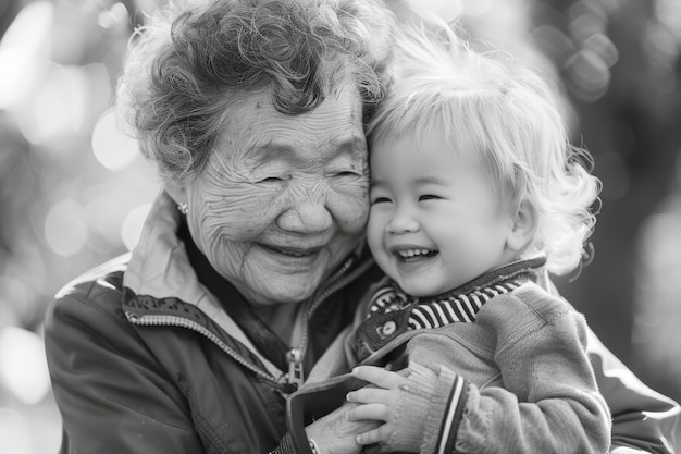 Free photo black and white portrait of grandmother with grandchild showing love and tender moments for grandparents day