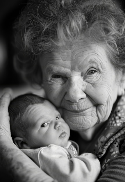 Black and white portrait of grandmother with grandchild showing love and tender moments for grandparents day