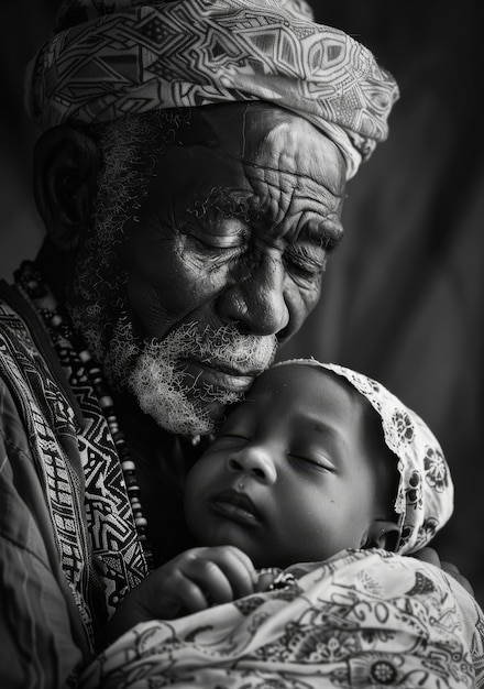 Black and white portrait of grandpa with grandchild