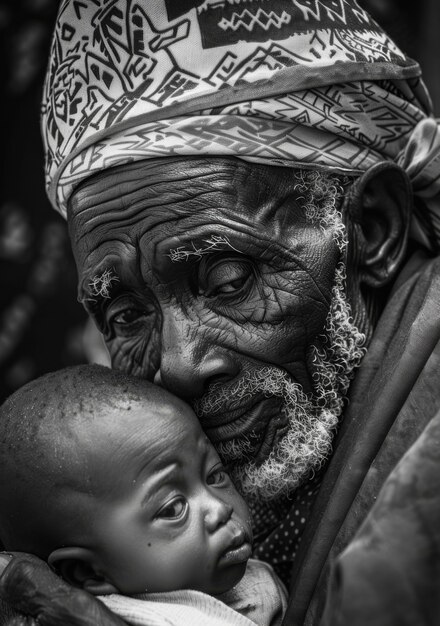 Black and white portrait of grandpa with grandchild